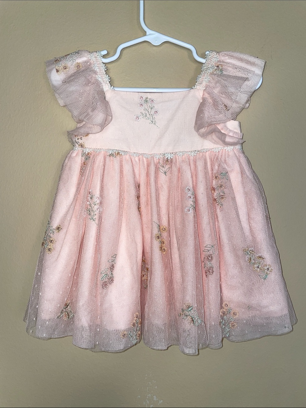 Tahari Baby Girl Floral Embroidered Pink Mesh Tulle Ruffle Sleeve A-Line Dress